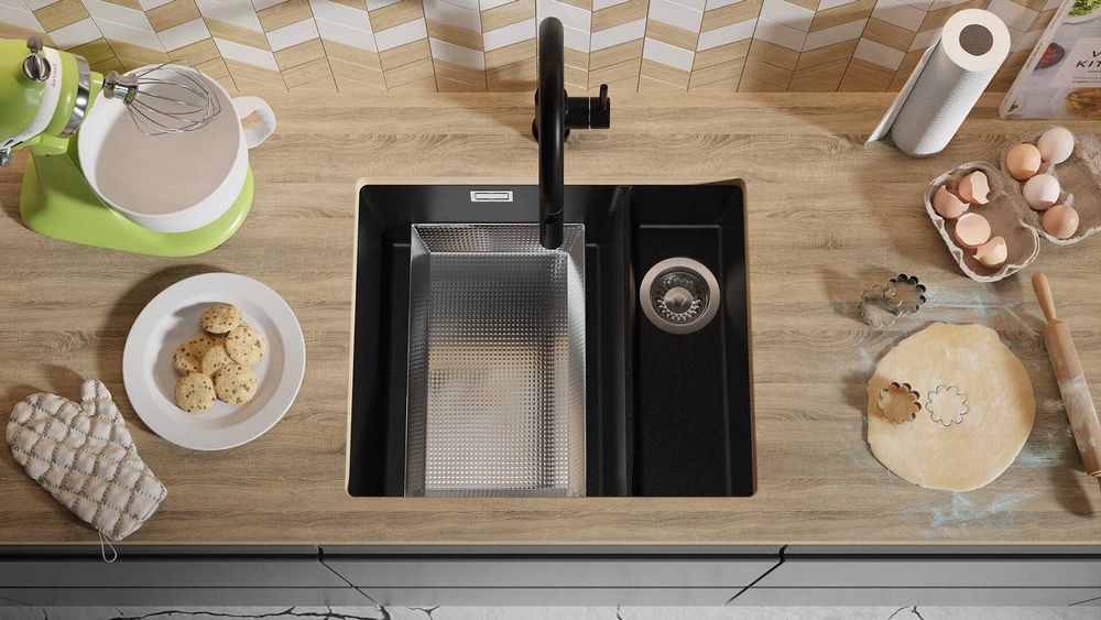 Гранитна Мивка за Вграждане под Плот Лондон 60 Duo 550 x 450  Черна