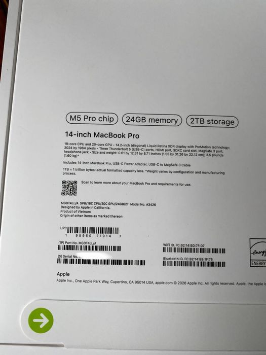 Macbook Pro 14 M5Pro/24GB/2TB/SpaceBlack (18-CPU/20-GPU)