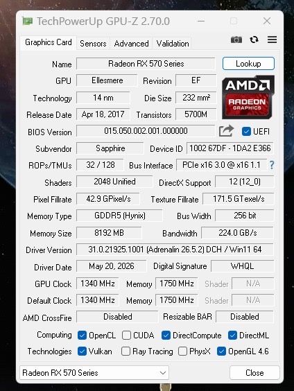 Placă video rx570 sapphire nitro+ 8gb