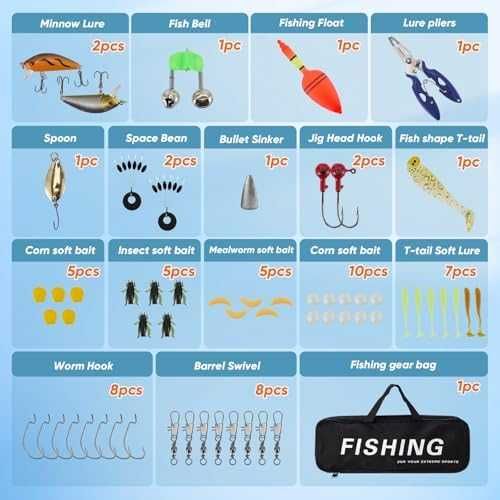 Нов Комплект детски въдици 2 броя с примамки макара чанта аксесоари рибар