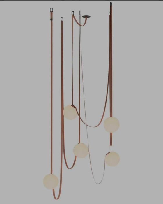 Дизайнерски полилей с кожени ремъци и стъклени сфери – нов, 5 топки