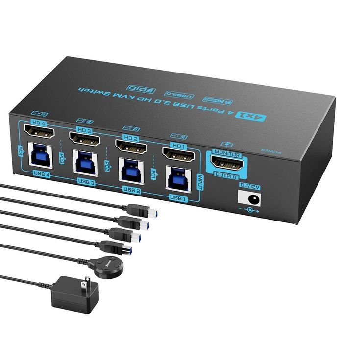 Switch KVM HDMI 2.1 8K 60Hz 4K 144Hz 4 Porturi PC 1 Monitor Hub USB 3.0 5Gbps DXchip Emulator EDID Telecomanda Fir Carcasa Metalica Gaming Produs Nou