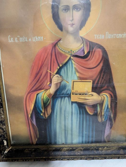 Icoană veche sfințită Sfântul Pantelimon cromolitografie piesă rară