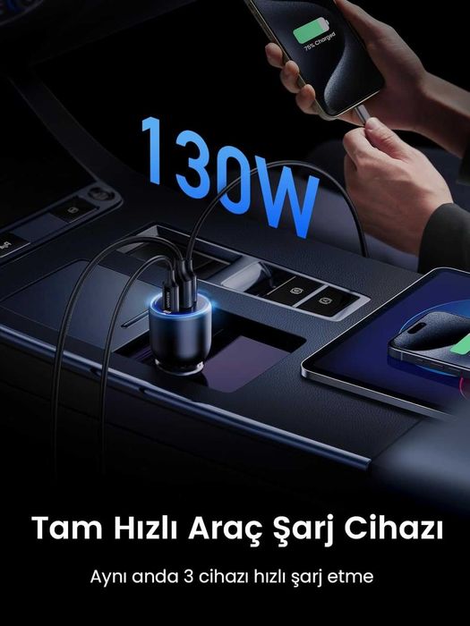 UGREEN авто зарядно USB-C 130W с 3 порта за лаптоп и телефон
