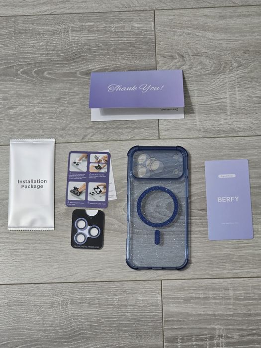 Husă iPhone 17 Pro Max MagSafe + Protecție Lentile – Albastru Sclipici