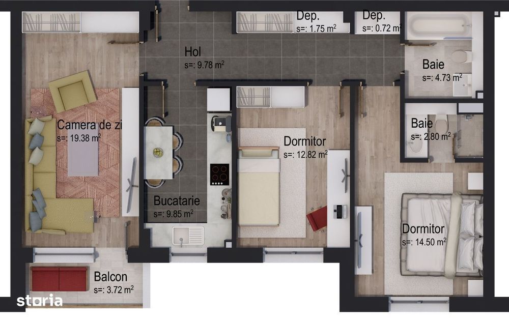 Apartament cu 3 camere în construcție, în clădire cu 4 etaje