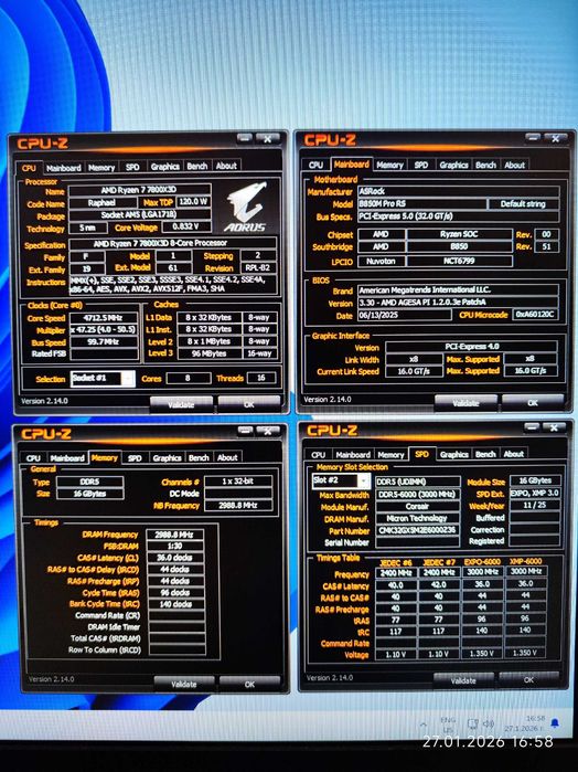 Комплект Ryzen 7 7800X3D, Asrock B850M Pro RS, RAM 16GB DDR5 6000