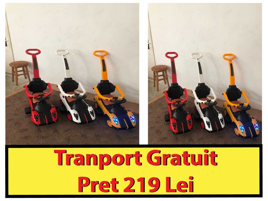 Masinuta copii si bebe, 3in1, cu melodii, maner de impins pentru parinti, bara de protectie, design modern si copertina