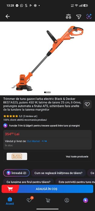 Trimmer de tuns gazon/iarba electric Black & Decker BESTA525, putere 450 W