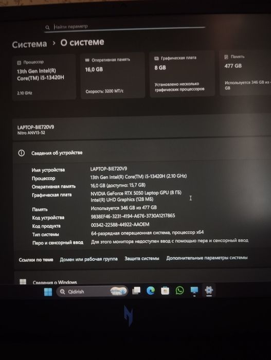 ACER NITRO V15  NOUTBOK  RTX 50.50 8GB  RAM 16GB  holati yangi alooooo