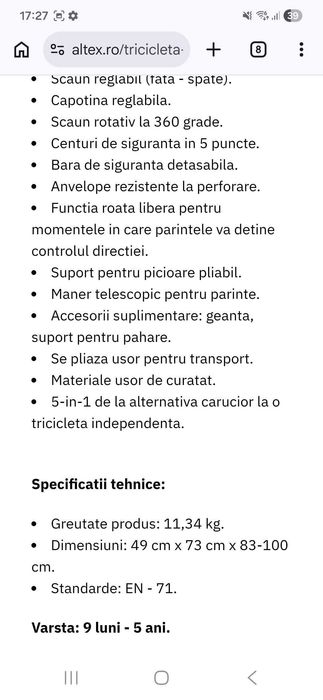 Tricicleta Pliabila 5 in 1 cu Scaun Totativ 360 MOMI INVIDIA FLOW