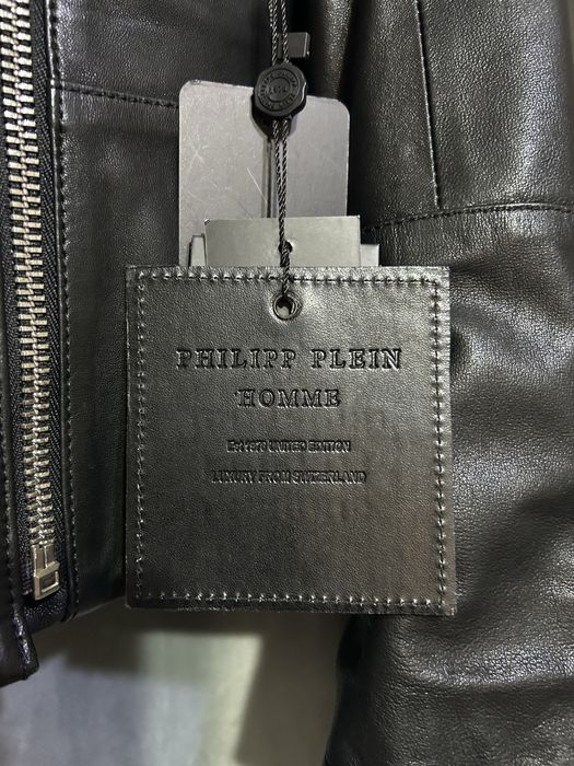 Geacă piele Philipp Plein Homme (Limited Edition) cu guler din blană naturală – Nouă cu etichetă