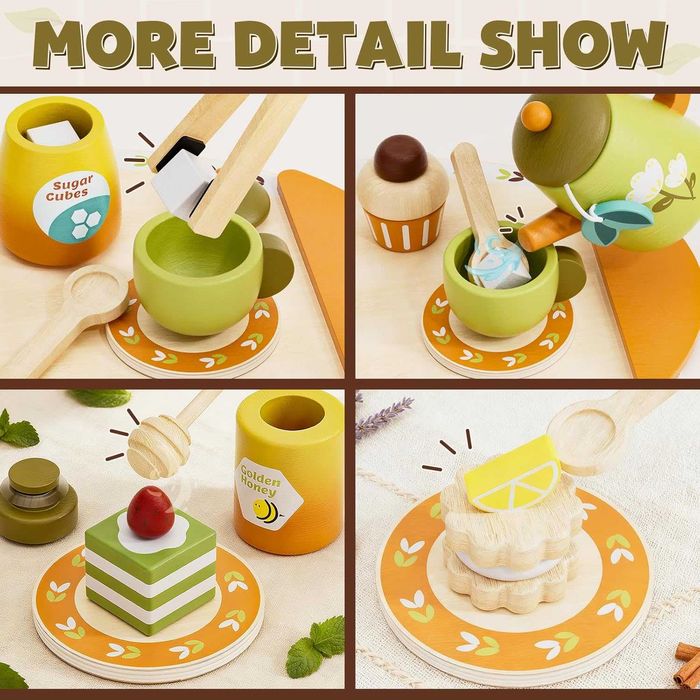 Дървен сервиз за чай, комплект за игра на чай за деца 3+ години