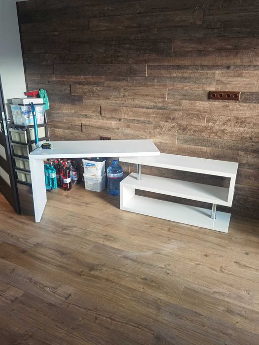 Въртящо се бюро и ТV шкаф 2 в 1 бял гланц разтегателно