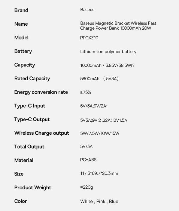 Baseus Power Bank Magnetic Wireless 10000mAh PD-20W For iPhone 15 16