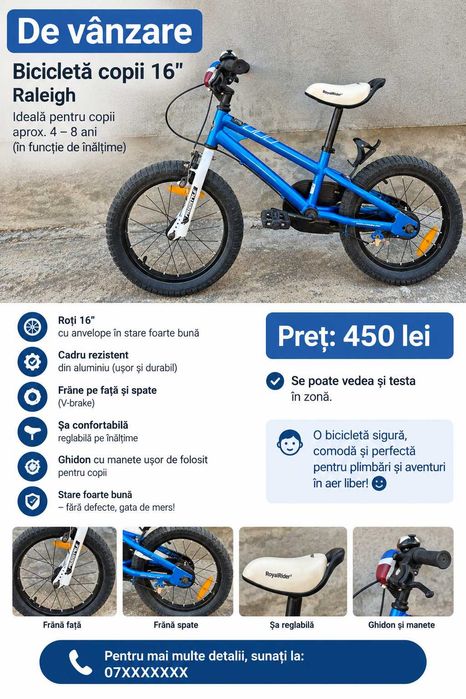 Vând bicicletă pentru copii, roți de 16”, de culoare albastră, în stare foarte bună, conform pozelor.
