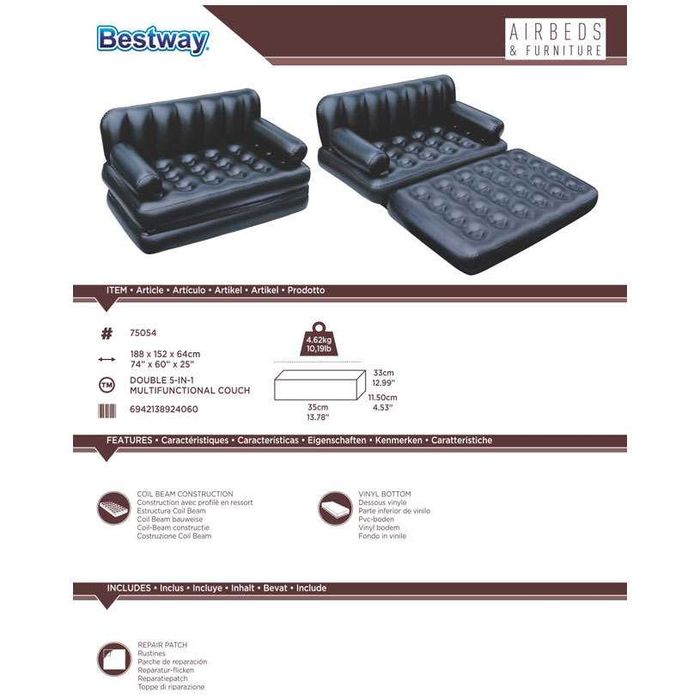 Двуместен надуваем разтегателен Матрак диван 5 in 1 BESTWAY 188X152X64