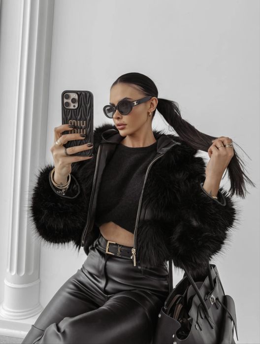 Дамско късо  пухено палто  в кафяво и черно