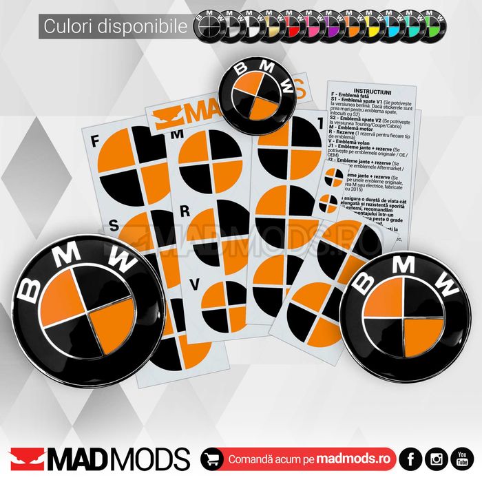 Set Stickere Embleme Negru Portocaliu BMW Seria 1 2 3 4 5 6 7 8 X i M