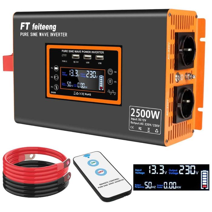 Продавам инвертор за кола 2500W 12V към 220V с LCD дисплей