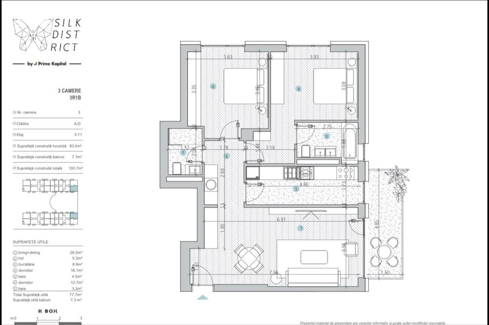 Inchiriez apt 3 camere, nemob, 85 mp, panoramic, parcare subterană - Silk District