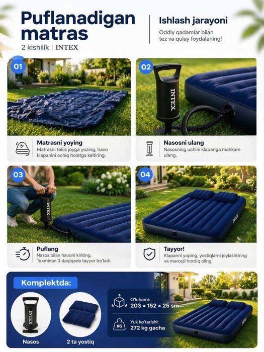 Ikki kishilik puflanadigan matras Intex nasos va yostiqlar,203×152 sm