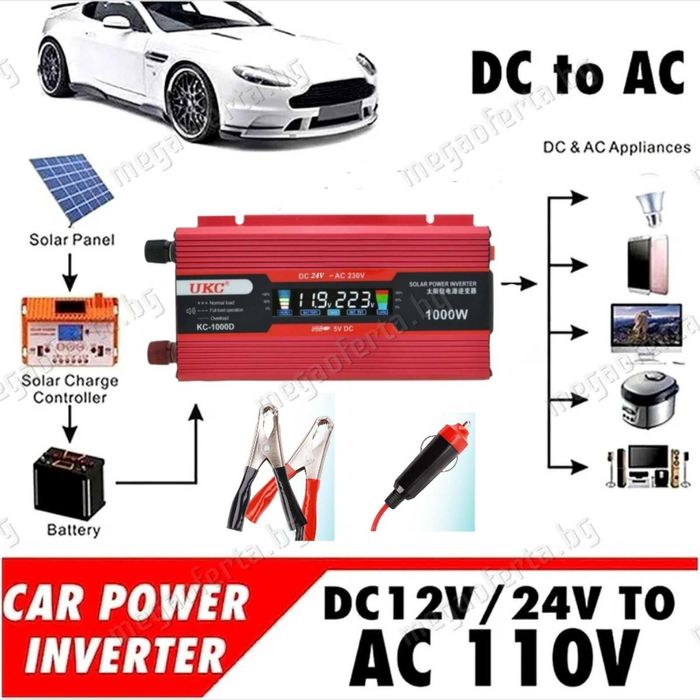 Инвертор 12V-220V 1000W UKC с Дисплей Преобразовател на Напрежението