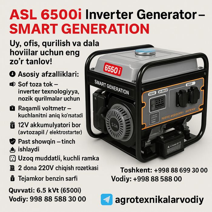 ASL 6500i Inverter Generator – 6.5 kVt | Elektro Start | Past Shovqin