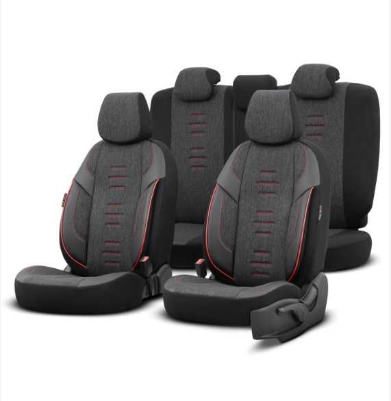 Луксозна тапицерия OTOM текстил с еко кожа THRONE Design – Черна с червен шев