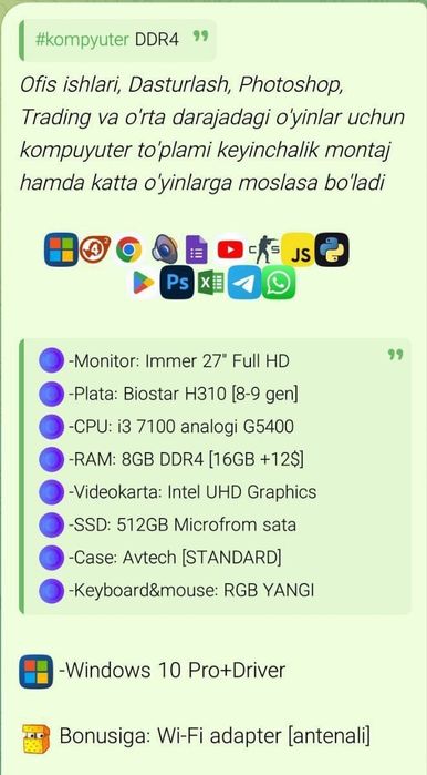 Kompyuter Sotiladi 1 oy kafolati bor Komplekt bervoraman