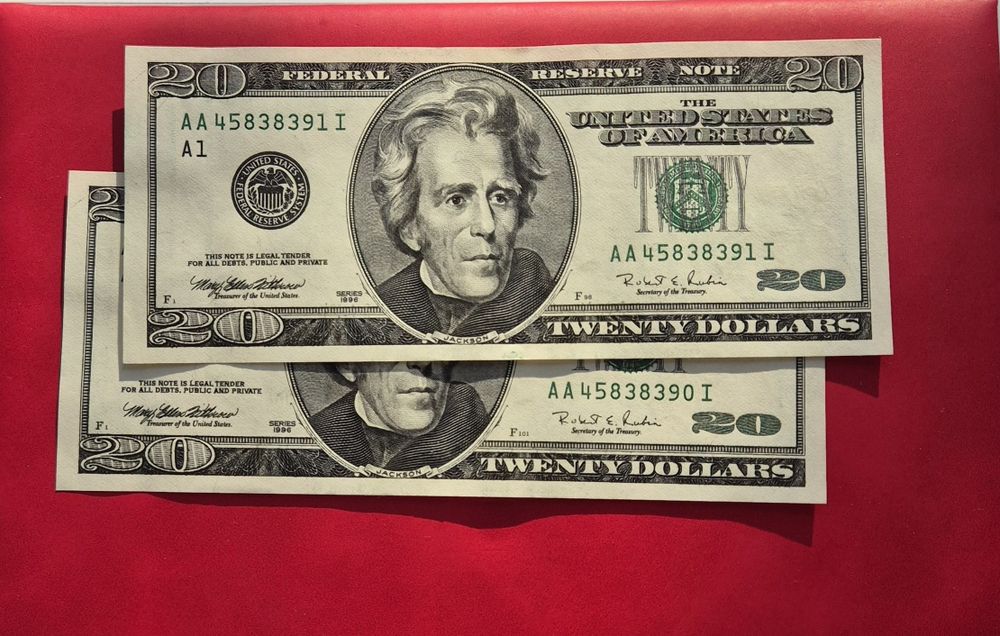 2 bancnote UNC consecutive 20$ 1996