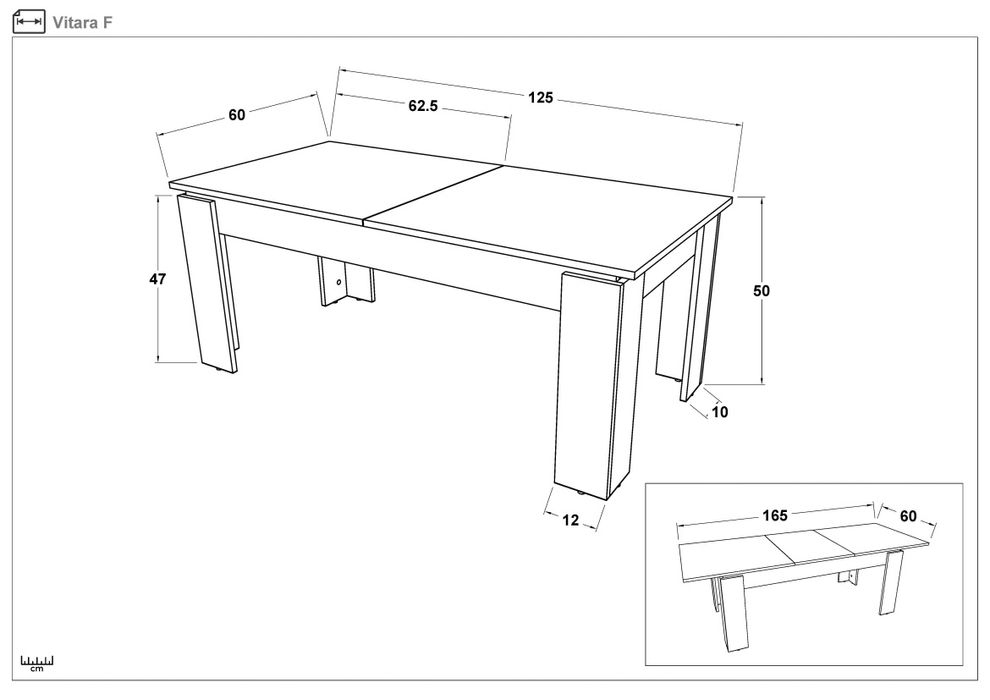 Разтегателна Маса Витара
 
Размери:
- L125/165 B60 H50 см.
 
Материали