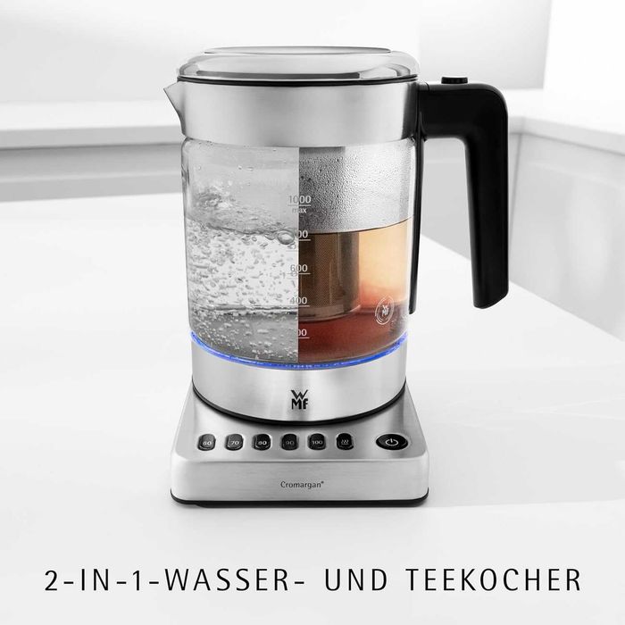WMF Küchenminis 2-в-1 Vario стъклена кана за вода / чайник с държач за пакетчета чай и цедка / с регулиране на температурата 1.0л,1900W