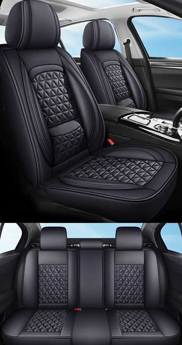 Луксозна универсална кожена тапицерия с лумбална опора за предни и задни седалки, черна