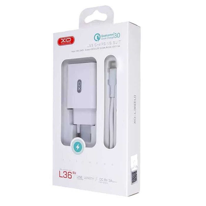 Ново зарядно за GSM от 220V към USB с изходна мощност 3А и 18W + Кабел Type-C с дължина 1 метър, Модел XO-L36 в кутия