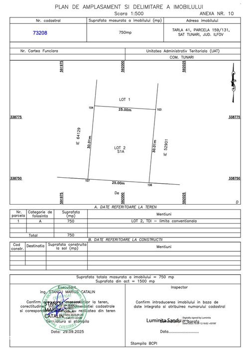 Tunari – zona Castanului | teren 750 mp deschidere 25 ml Ideal duplex