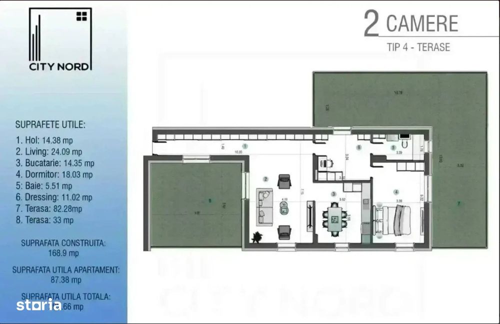 Apartament Exclusivist 2 Camere cu Dressing și 2 Terase Uriașe 115 mp