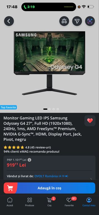 Vand monitor Samsung G4 Odyssey 27” 240hz