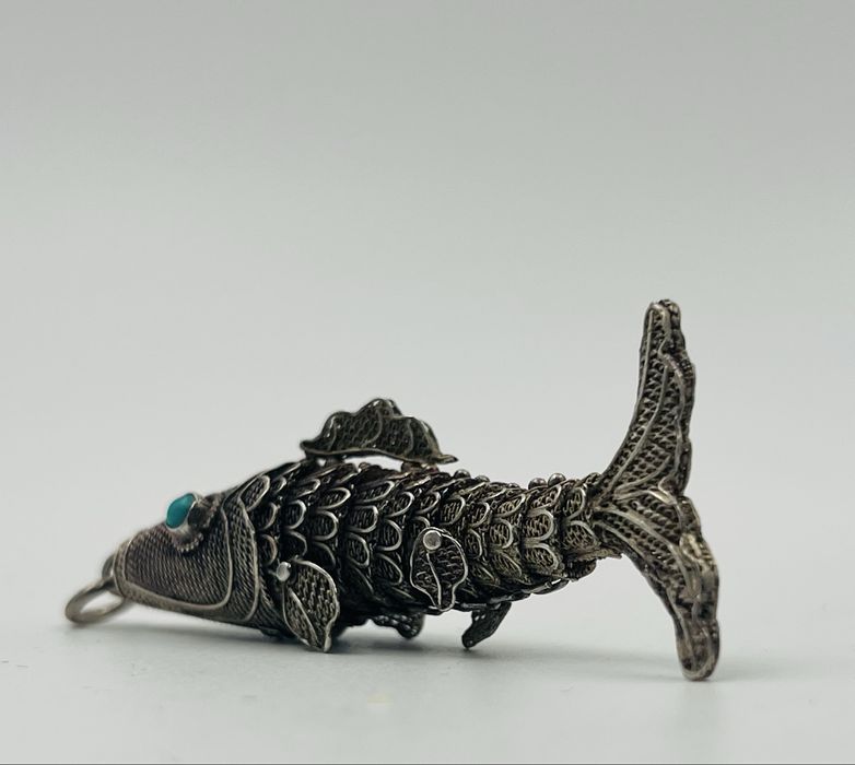 Сребърна старинна риба филигран  Китай с Тюркоаз