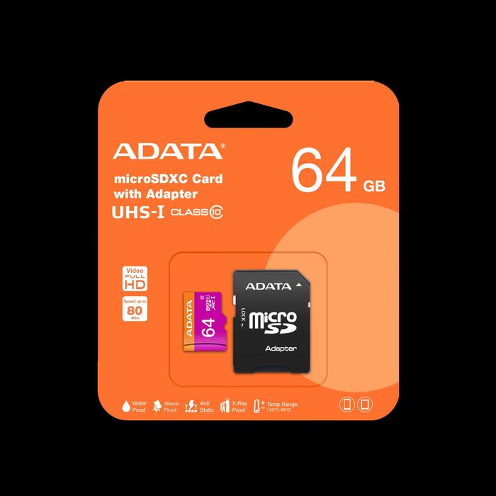 Бърза MicroSD 64GB ADATA Class10 - нова карта памет, запечатана