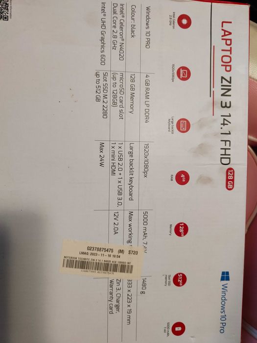 TechBite Laptop Zin 3 14.1" FHD, N4020, 4GB RAM, 128 GB M 2, Windows 10 Pro cu Licenta!