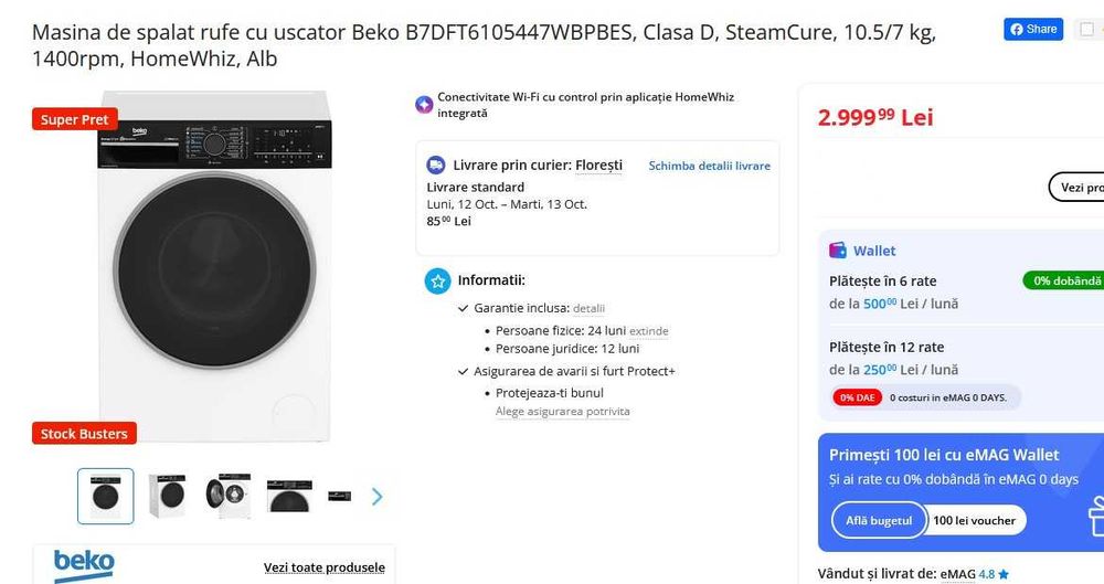 Masina de spalat rufe cu uscator Beko B7DFT6105447WBPBES, Clasa D, SteamCure, 10.5/7 kg, 1400rpm, HomeWhiz, Alb