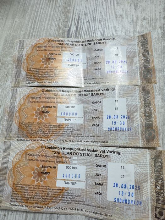 28-mart  Shohrukhon konsertiga  bilet  arzon narxlarda