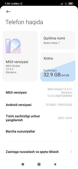 Redmi Not 7 Idal Xolda Karobka Dakumet bor