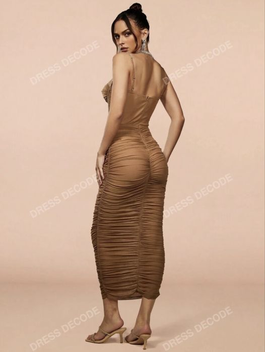 Бежова секси прозрачна рокля