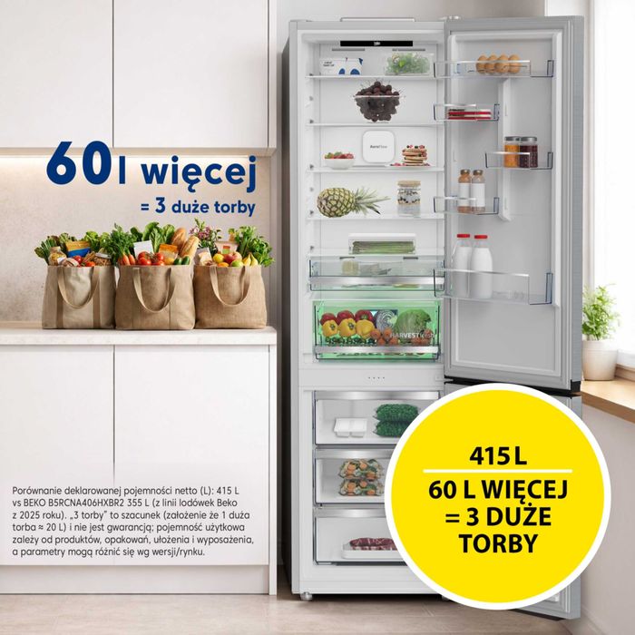 Нов инверторен хладилник BEKO B3RCNA415HXB1 SpacePro 415L HarvestFresh NoFrost - AeroFlow SmoothFit 203.5 см,