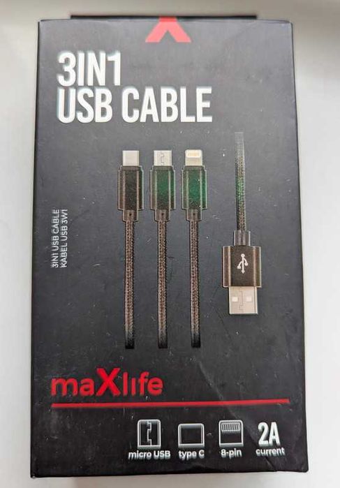 Cablu Incarcare 3in1 MaXlife USB - Lightning - MicroUSB - Type-C, Nou