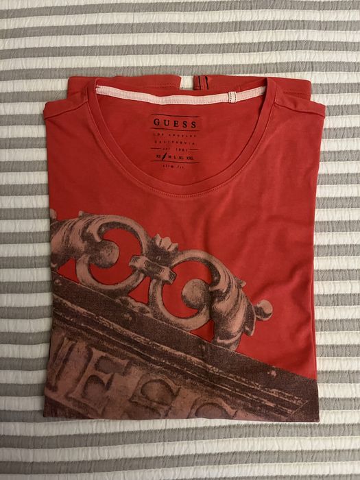 Tricou Guess alb/portocaliu