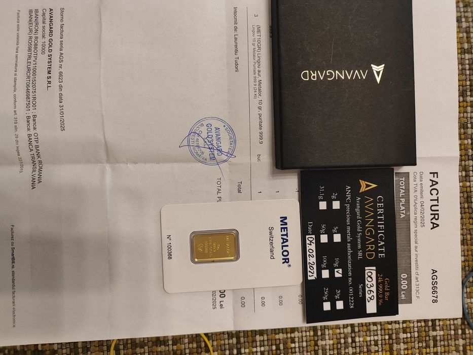 Lingou aur  24 k  ,puritate 999,9%cu acte și certificat