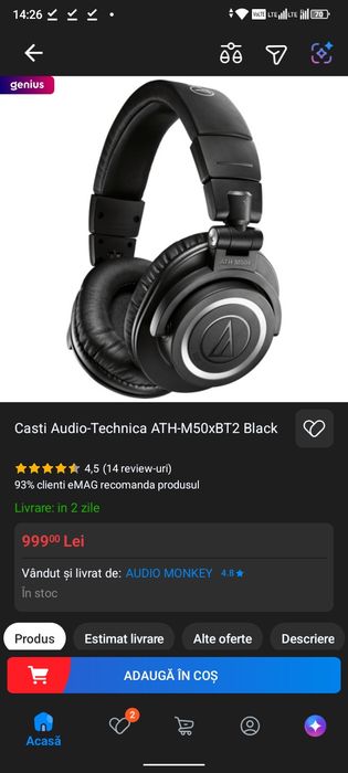 Căști Audio-Technica ATH-M50x Negru NOI in garanție